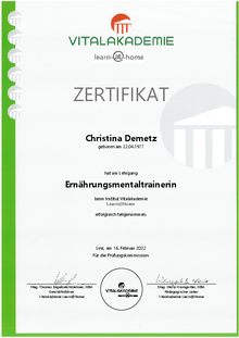 Zertifikat Ernährungsmentaltrainerin Christina Demetz